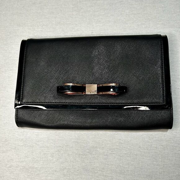 Ted Baker Clutch in Black with Rose Gold Bow, Lined in Black and White Floral - Picture 1 of 7